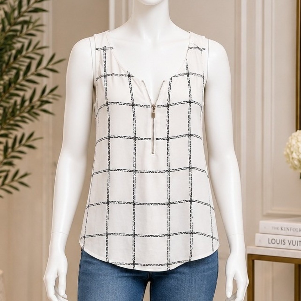 Express Womens Tank Top White Windowpane Grid Zipper V-Neck Size Extra Small